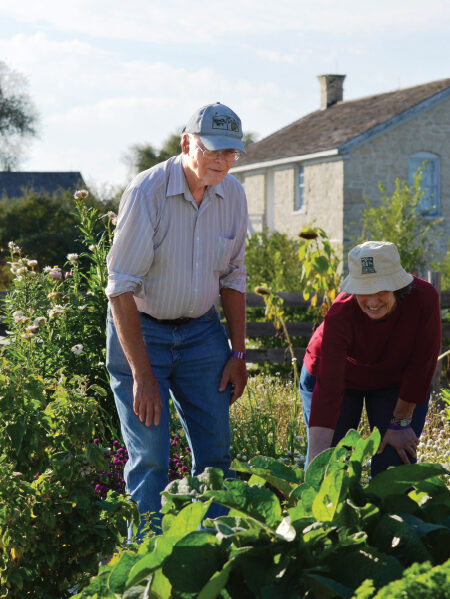 an older couple looking at plants in a garden
