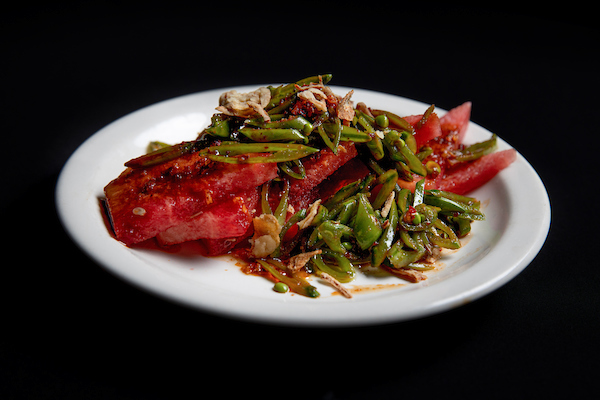 watermelon snap pea salad with chili crisp and Japanese vinaigrette,