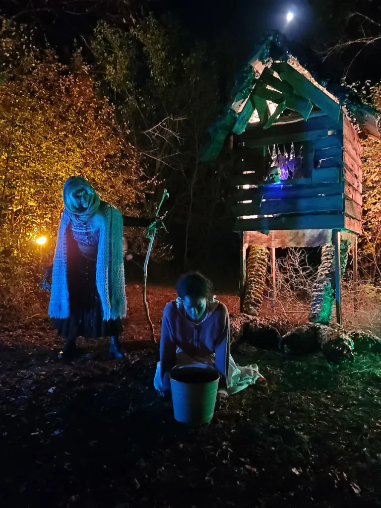 A person dressed as Baba Yaga and another person dressed as Vasilisa, while performing at Halloween Legends & Lore at Old World Wisconsin.